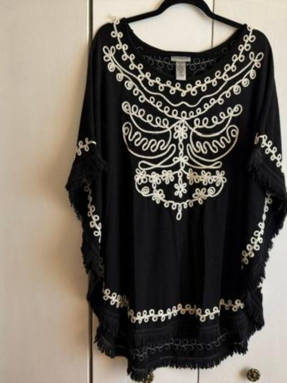 Black & Cream Embroidered Boho Tunic with Fringe